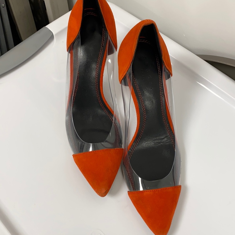 Sandro red and lucite heels